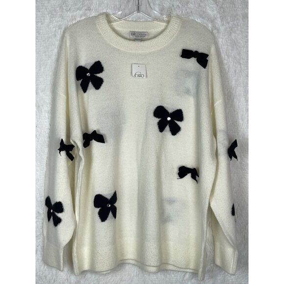 Cato Collection 18/20W Long Sleeve Cream Sweater Black Bows - Picture 1 of 10